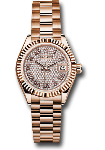 Rolex Everose Gold Lady-Datejust Watch - Fluted Bezel - White Mother-Of-Pearl Diamond Dial - President Bracelet