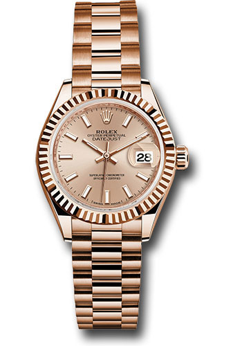 Rolex Everose Gold Lady-Datejust 28 Watch - Fluted Bezel - Pink Sundust Index Dial - President Bracelet