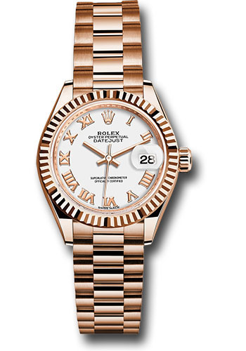 Rolex Everose Gold Lady-Datejust 28 Watch - Fluted Bezel - White Roman Dial - President Bracelet