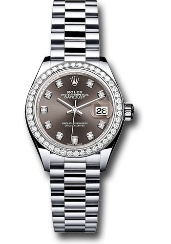 Rolex Platinum Lady-Datejust 28 Watch - 44 Diamond Bezel - Dark Grey Diamond Dial - President Bracelet