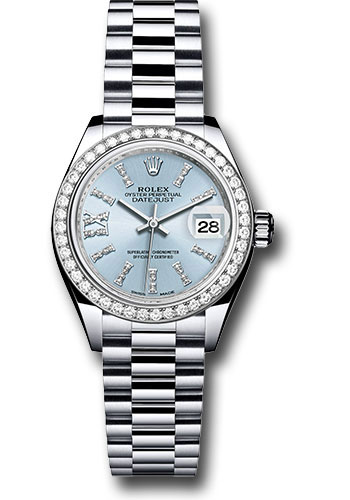 Rolex Platinum Lady-Datejust 28 Watch - 44 Diamond Bezel - Ice Blue Diamond Index Dial - President Bracelet