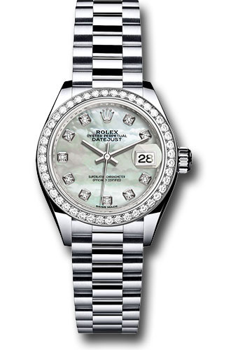 Rolex Platinum Lady-Datejust 28 Watch - 44 Diamond Bezel - Mother-of-Pearl Diamond Dial - President Bracelet