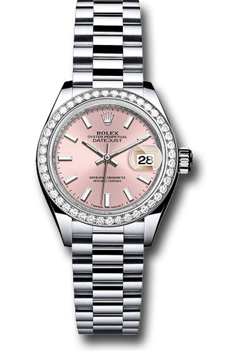Rolex Platinum Lady-Datejust 28 Watch - 44 Diamond Bezel - Pink Index Dial - President Bracelet