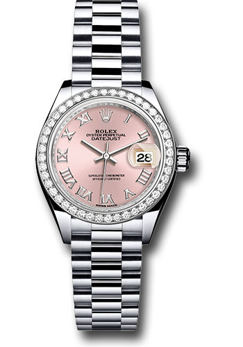 Rolex Platinum Lady-Datejust 28 Watch - 44 Diamond Bezel - Pink Roman Dial - President Bracelet