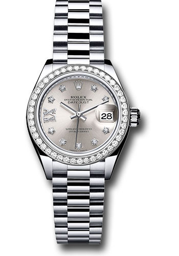 Rolex Platinum Lady-Datejust 28 Watch - 44 Diamond Bezel - Silver Diamond Star Dial - President Bracelet