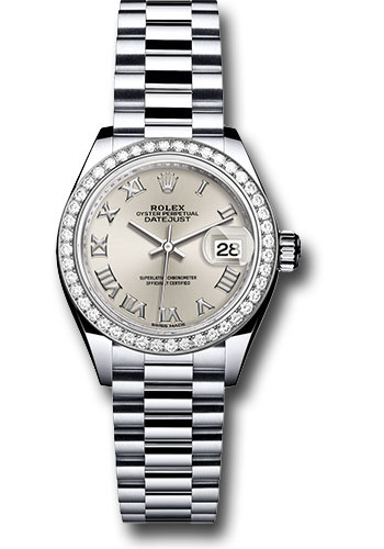 Rolex Platinum Lady-Datejust 28 Watch - 44 Diamond Bezel - Silver Roman Dial - President Bracelet