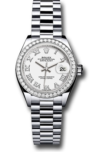 Rolex Platinum Lady-Datejust 28 Watch - 44 Diamond Bezel - White Roman Dial - President Bracelet