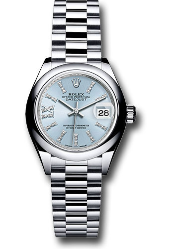 Rolex Platinum Lady-Datejust 28 Watch - Domed Bezel - Ice Blue Diamond Index Dial - President Bracelet
