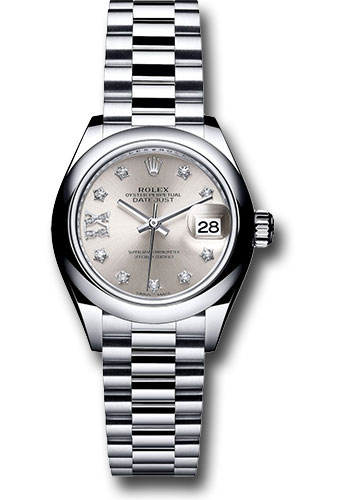 Rolex Platinum Lady-Datejust 28 Watch - Domed Bezel - Silver Diamond Star Dial - President Bracelet