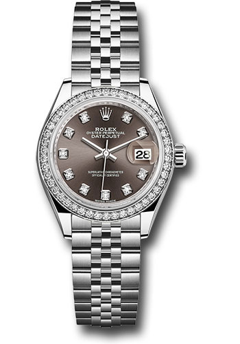 Rolex Steel and White Gold Rolesor Lady-Datejust 28 Watch - 44 Diamond Bezel - Dark Grey Diamond Dial - Jubilee Bracelet