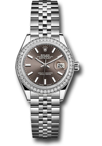 Rolex Steel and White Gold Rolesor Lady-Datejust 28 Watch - 44 Diamond Bezel - Dark Grey Index Dial - Jubilee Bracelet