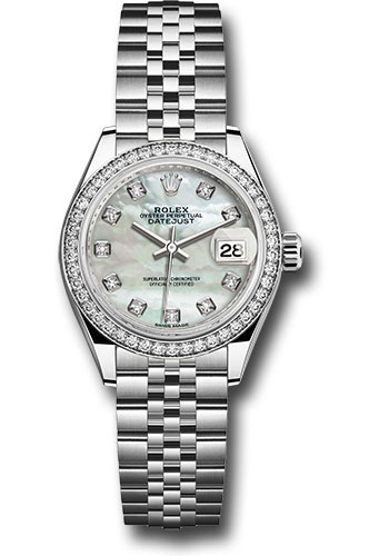 Rolex Steel and White Gold Rolesor Lady-Datejust 28 Watch - 44 Diamond Bezel - White Mother-Of-Pearl Diamond Dial - Jubilee Bracelet