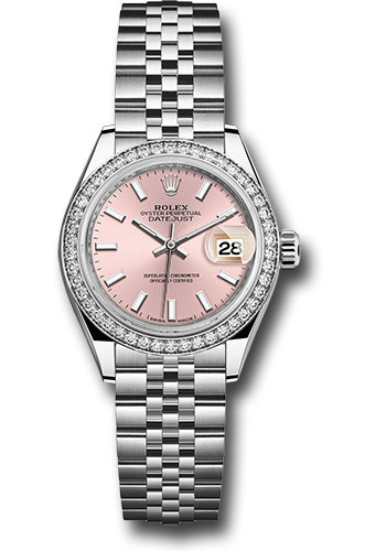 Rolex Steel and White Gold Rolesor Lady-Datejust 28 Watch - 44 Diamond Bezel - Pink Index Dial - Jubilee Bracelet
