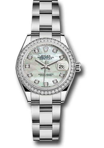 Rolex Steel and White Gold Rolesor Lady-Datejust 28 Watch - 44 Diamond Bezel - White Mother-Of-Pearl Diamond Dial - Oyster Bracelet