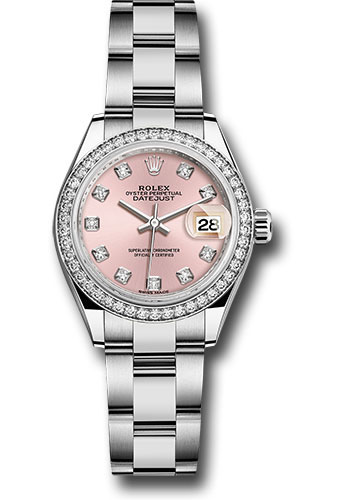 Rolex Steel and White Gold Rolesor Lady-Datejust 28 Watch - 44 Diamond Bezel - Pink Diamond Dial - Oyster Bracelet