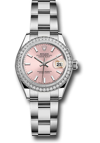 Rolex Steel and White Gold Rolesor Lady-Datejust 28 Watch - 44 Diamond Bezel - Pink Index Dial - Oyster Bracelet