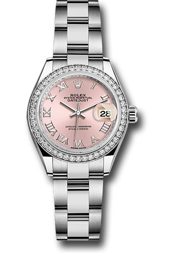 Rolex Steel and White Gold Rolesor Lady-Datejust 28 Watch - 44 Diamond Bezel - Pink Roman Dial - Oyster Bracelet