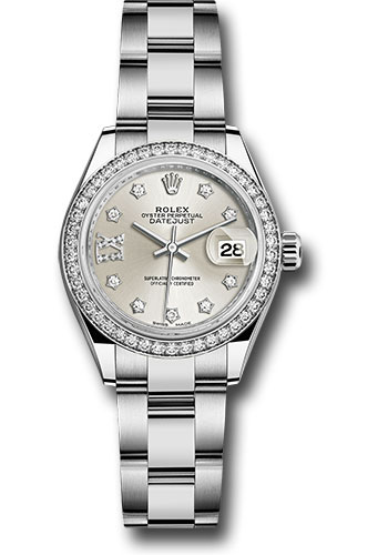 Rolex Steel and White Gold Rolesor Lady-Datejust 28 Watch - 44 Diamond Bezel - Silver Diamond Star Dial - Oyster Bracelet