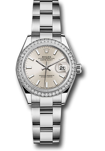 Rolex Steel and White Gold Rolesor Lady-Datejust 28 Watch - 44 Diamond Bezel - Silver Index Dial - Oyster Bracelet
