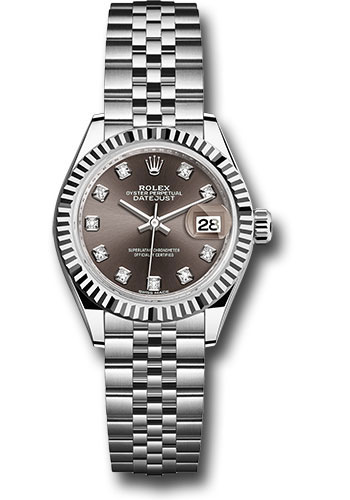 Rolex Steel and White Gold Rolesor Lady-Datejust 28 Watch - Fluted Bezel - Dark Grey Diamond Dial - Jubilee Bracelet