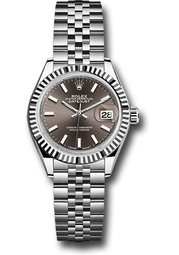 Rolex Steel and White Gold Rolesor Lady-Datejust 28 Watch - Fluted Bezel - Dark Grey Index Dial - Jubilee Bracelet