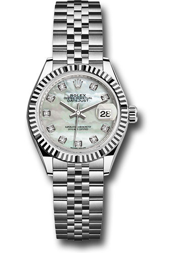 Rolex Steel and White Gold Rolesor Lady-Datejust 28 Watch - Fluted Bezel - White Mother-Of-Pearl Diamond Dial - Jubilee Bracelet