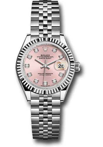 Rolex Steel and White Gold Rolesor Lady-Datejust 28 Watch - Fluted Bezel - Pink Diamond Dial - Jubilee Bracelet