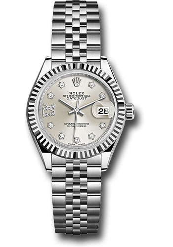 Rolex Steel and White Gold Rolesor Lady-Datejust 28 Watch - Fluted Bezel - Silver Diamond Star Dial - Jubilee Bracelet