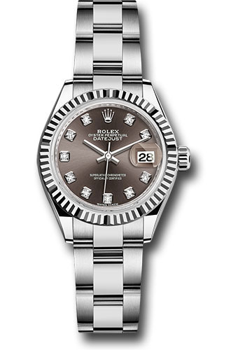 Rolex Steel and White Gold Rolesor Lady-Datejust 28 Watch - Fluted Bezel - Dark Grey Diamond Dial - Oyster Bracelet