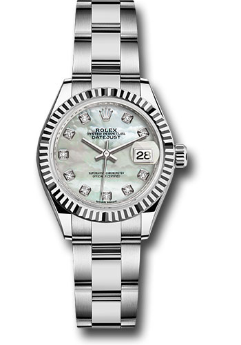 Rolex Steel and White Gold Rolesor Lady-Datejust 28 Watch - Fluted Bezel - White Mother-Of-Pearl Diamond Dial - Oyster Bracelet