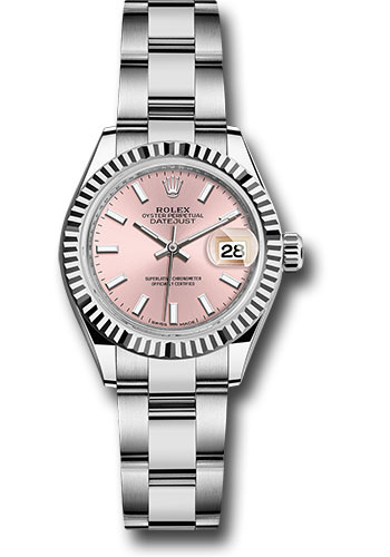 Rolex Steel and White Gold Rolesor Lady-Datejust 28 Watch - Fluted Bezel - Pink Index Dial - Oyster Bracelet