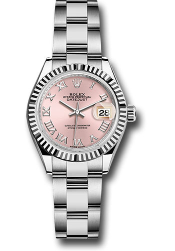 Rolex Steel and White Gold Rolesor Lady-Datejust 28 Watch - Fluted Bezel - Pink Roman Dial - Oyster Bracelet