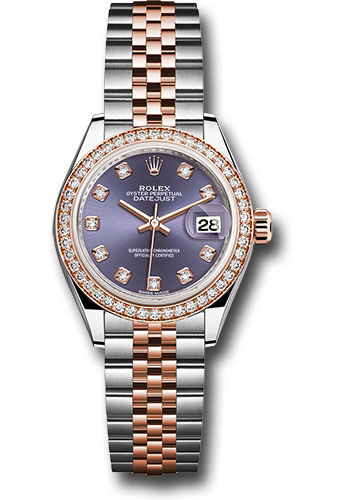 Rolex Steel and Everose Gold Rolesor Lady-Datejust 28 Watch - Diamond Bezel - Aubergine Diamond Dial - Jubilee Bracelet