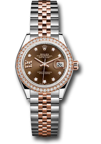 Rolex Steel and Everose Gold Rolesor Lady-Datejust 28 Watch - Diamond Bezel - Chocolate Diamond Star Dial - Jubilee Bracelet