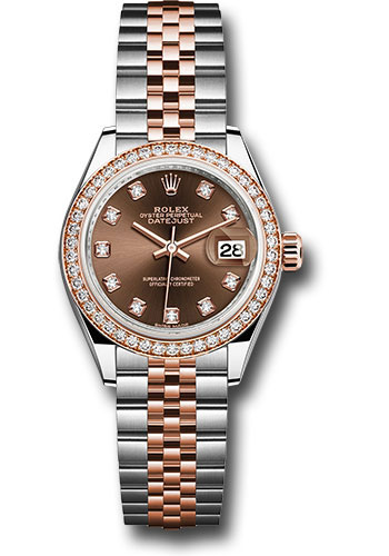 Rolex Steel and Everose Gold Rolesor Lady-Datejust 28 Watch - Diamond Bezel - Chocolate Diamond Dial - Jubilee Bracelet
