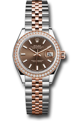 Rolex Steel and Everose Gold Rolesor Lady-Datejust 28 Watch - Diamond Bezel - Chocolate Index Dial - Jubilee Bracelet