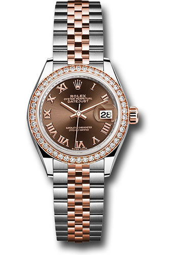 Rolex Steel and Everose Gold Rolesor Lady-Datejust 28 Watch - Diamond Bezel - Chocolate Roman Dial - Jubilee Bracelet