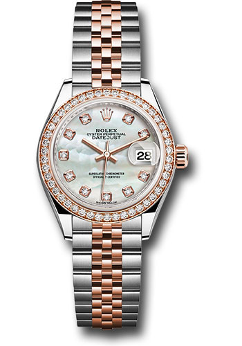 Rolex Steel and Everose Gold Rolesor Lady-Datejust 28 Watch - Diamond Bezel - White Mother-Of-Pearl Diamond Dial - Jubilee Bracelet