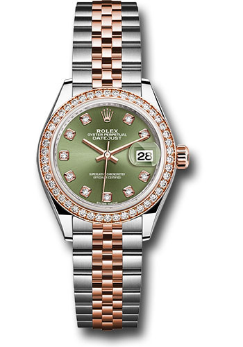 Rolex Steel and Everose Gold Rolesor Lady-Datejust 28 Watch - Diamond Bezel - Olive Green Diamond Dial - Jubilee Bracelet