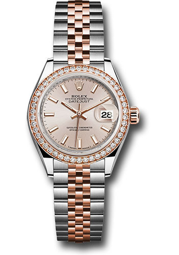 Rolex Steel and Everose Gold Rolesor Lady-Datejust 28 Watch - Diamond Bezel - Sundust Index Dial - Jubilee Bracelet