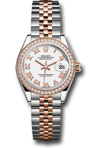 Rolex Steel and Everose Gold Rolesor Lady-Datejust 28 Watch - Diamond Bezel - White Roman Dial - Jubilee Bracelet