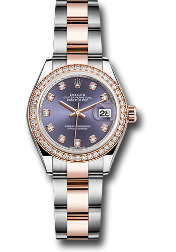 Rolex Steel and Everose Gold Rolesor Lady-Datejust 28 Watch - Diamond Bezel - Aubergine Diamond Dial - Oyster Bracelet