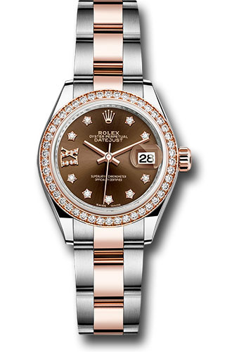 Rolex Steel and Everose Gold Rolesor Lady-Datejust 28 Watch - Diamond Bezel - Chocolate Diamond Star Dial - Oyster Bracelet