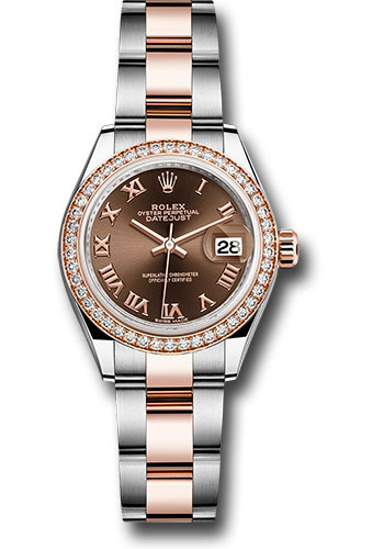 Rolex Steel and Everose Gold Rolesor Lady-Datejust 28 Watch - Diamond Bezel - Chocolate Roman Dial - Oyster Bracelet