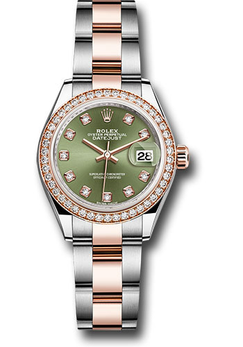 Rolex Steel and Everose Gold Rolesor Lady-Datejust 28 Watch - Diamond Bezel - Olive Green Diamond Dial - Oyster Bracelet