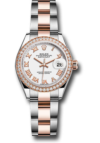 Rolex Steel and Everose Gold Rolesor Lady-Datejust 28 Watch - Diamond Bezel - White Roman Dial - Oyster Bracelet