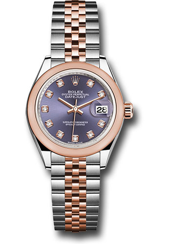 Rolex Steel and Everose Gold Rolesor Lady-Datejust 28 Watch - Domed Bezel - Aubergine Diamond Dial - Jubilee Bracelet