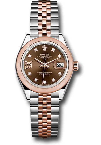 Rolex Steel and Everose Gold Rolesor Lady-Datejust 28 Watch - Domed Bezel - Chocolate Diamond Star Dial - Jubilee Bracelet