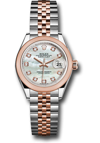Rolex Steel and Everose Gold Rolesor Lady-Datejust 28 Watch - Domed Bezel - White Mother-Of-Pearl Diamond Dial - Jubilee Bracelet