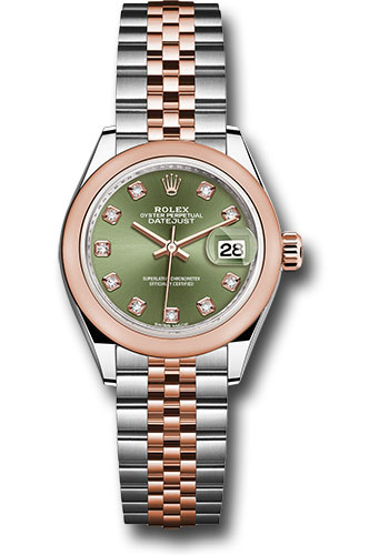 Rolex Steel and Everose Gold Rolesor Lady-Datejust 28 Watch - Domed Bezel - Olive Green Diamond Dial - Jubilee Bracelet